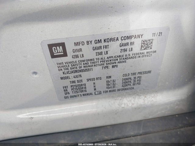 45763969 :رقم المزاد ، KL4CJASM3NB505911 vin ، 2022 Buick Encore Fwd Preferred مزاد بيع