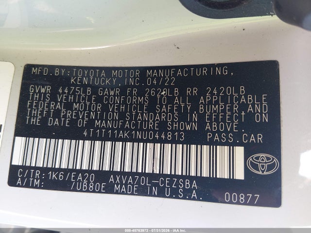 45763972 :رقم المزاد ، 4T1T11AK1NU044813 vin ، 2022 Toyota Camry Se مزاد بيع