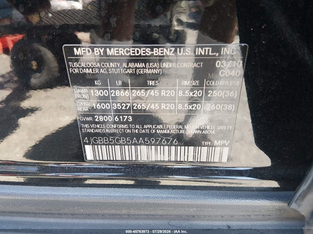 45763973 :رقم المزاد ، 4JGBB5GB5AA597676 vin ، 2010 Mercedes-benz Ml 350 مزاد بيع