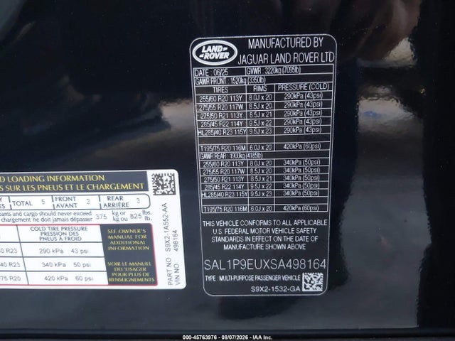 2025 Land Rover Range Rover Sport P360 Se მანქანა იყიდება აუქციონზე, vin: SAL1P9EUXSA498164, აუქციონის ნომერი: 45763976