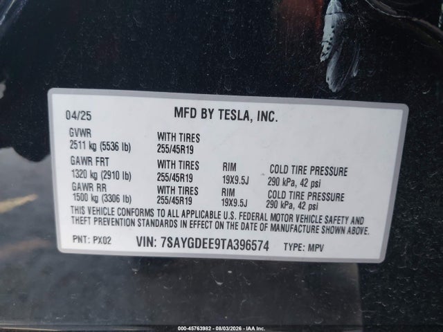 45763982 :رقم المزاد ، 7SAYGDEE9TA396574 vin ، 2026 Tesla Model Y All-wheel Drive/long Range Launch Series/premium All-wheel Drive مزاد بيع