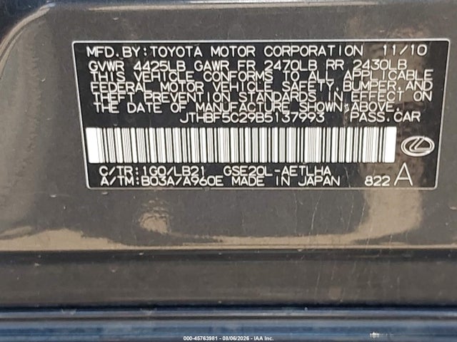 Aukcja sprzedaży 2011 Lexus Is 250, vin: JTHBF5C29B5137993, numer aukcji: 45763981