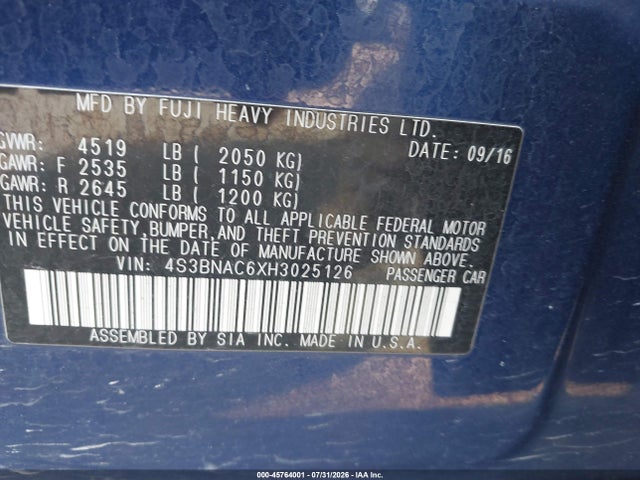 Продажа на аукционе авто 2017 Subaru Legacy 2.5i Premium, vin: 4S3BNAC6XH3025126, номер лота: 45764001