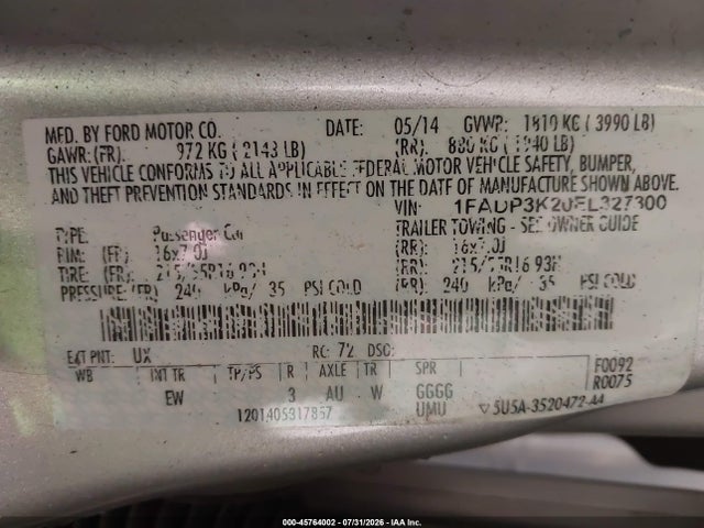 45764002 :رقم المزاد ، 1FADP3K20EL327300 vin ، 2014 Ford Focus Se مزاد بيع