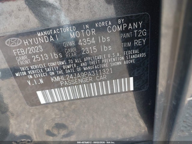 Aukcja sprzedaży 2023 Hyundai Sonata Se, vin: KMHL24JA9PA311321, numer aukcji: 45764012
