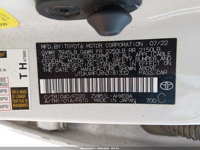45764014 :رقم المزاد ، JTDKAMFUXN3181332 vin ، 2022 Toyota Prius Le مزاد بيع