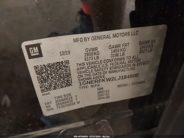 45764026 :رقم المزاد ، 1GNERFKW2LJ184900 vin ، 2020 Chevrolet Traverse Fwd Ls مزاد بيع