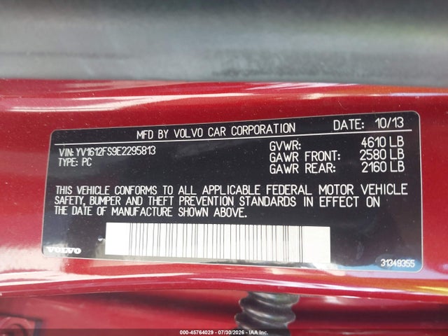 45764029 :رقم المزاد ، YV1612FS9E2295813 vin ، 2014 Volvo S60 T5 Platinum مزاد بيع