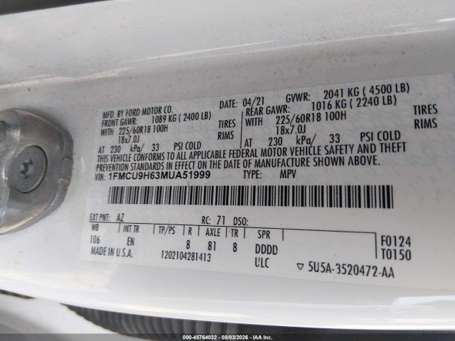 2021 Ford Escape Sel მანქანა იყიდება აუქციონზე, vin: 1FMCU9H63MUA51999, აუქციონის ნომერი: 45764032