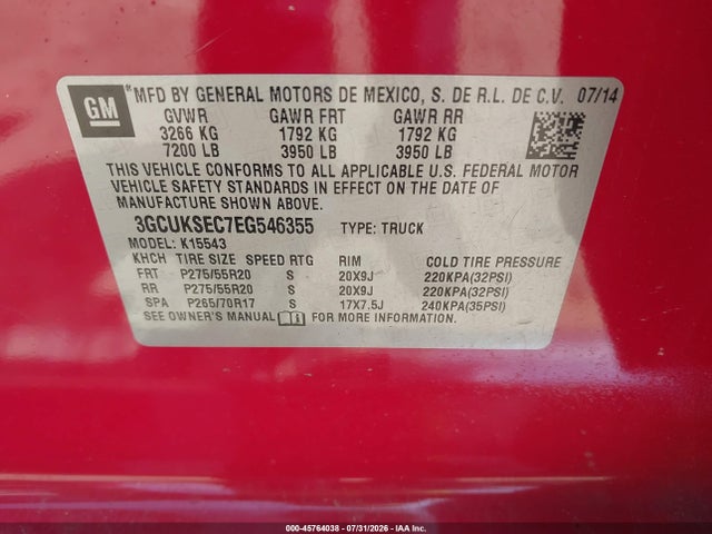 Продаж на аукціоні авто 2014 Chevrolet Silverado 1500 Ltz, vin: 3GCUKSEC7EG546355, номер лоту: 45764038