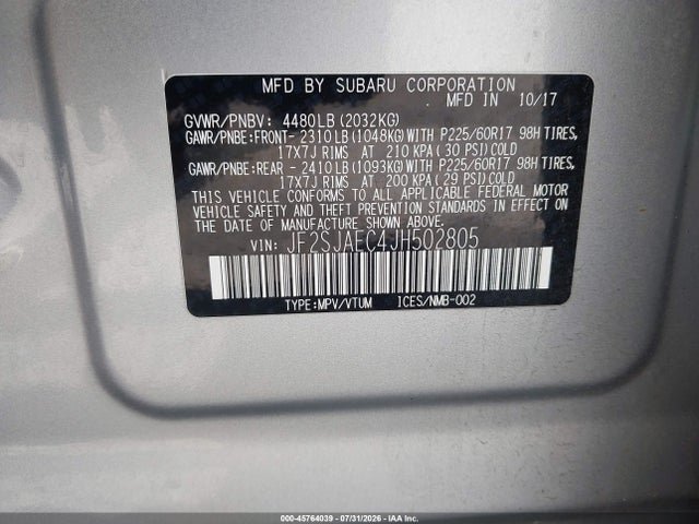 2018 Subaru Forester 2.5i Premium მანქანა იყიდება აუქციონზე, vin: JF2SJAEC4JH502805, აუქციონის ნომერი: 45764039