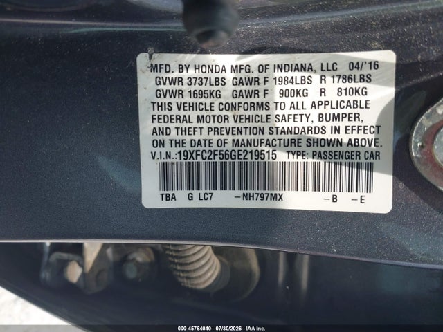 45764040 :رقم المزاد ، 19XFC2F56GE219515 vin ، 2016 Honda Civic Lx مزاد بيع