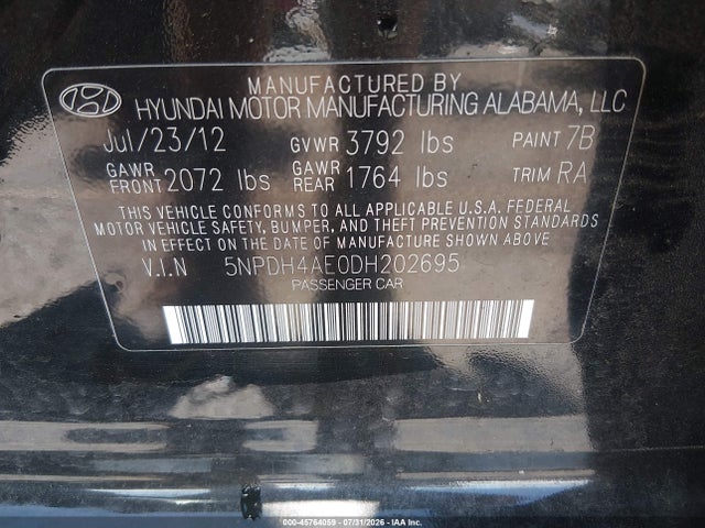 45764059 :رقم المزاد ، 5NPDH4AE0DH202695 vin ، 2013 Hyundai Elantra Gls مزاد بيع