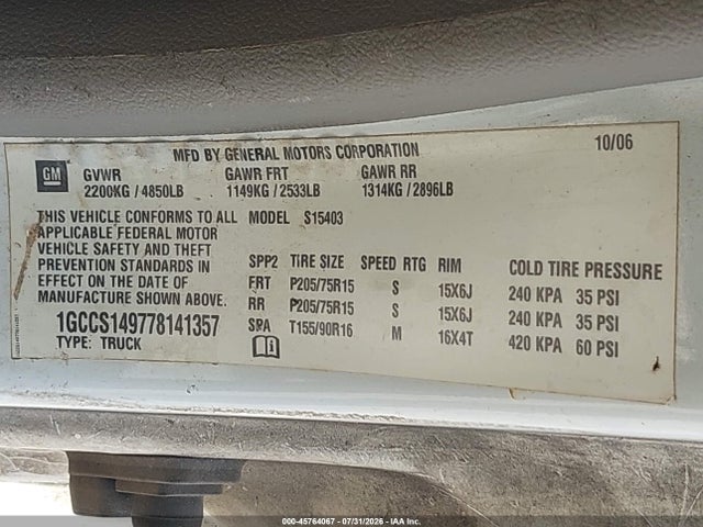 Продажа на аукционе авто 2007 Chevrolet Colorado Work Truck, vin: 1GCCS149778141357, номер лота: 45764067