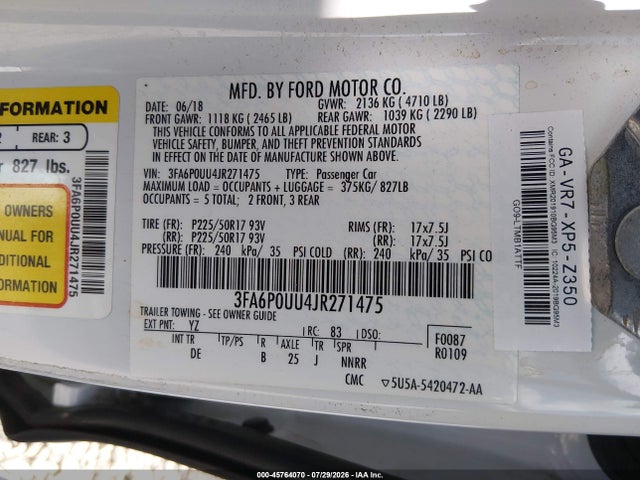 3FA6P0UU4JR271475 Ford Fusion Hybrid S