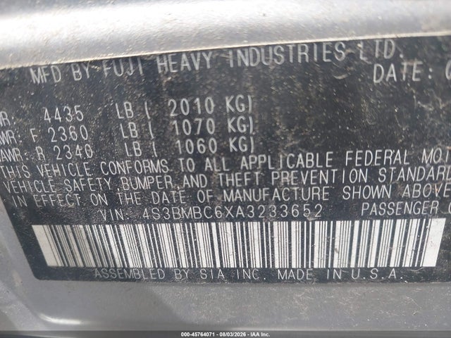 2010 Subaru Legacy 2.5i Premium მანქანა იყიდება აუქციონზე, vin: 4S3BMBC6XA3233652, აუქციონის ნომერი: 45764071