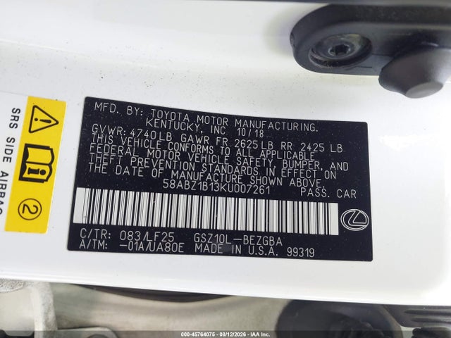 45764075 :رقم المزاد ، 58ABZ1B13KU007261 vin ، 2019 Lexus Es 350 F Sport مزاد بيع