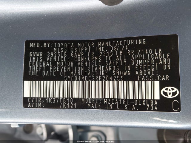 Продаж на аукціоні авто 2024 Toyota Corolla Le, vin: 5YFB4MDE3RP204255, номер лоту: 45764086