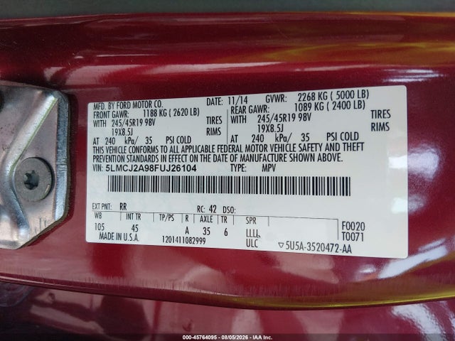 Продажа на аукционе авто 2015 Lincoln Mkc, vin: 5LMCJ2A98FUJ26104, номер лота: 45764095