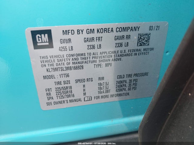 45764101 :رقم المزاد ، KL79MTSL3MB166928 vin ، 2021 Chevrolet Trailblazer Fwd Rs مزاد بيع