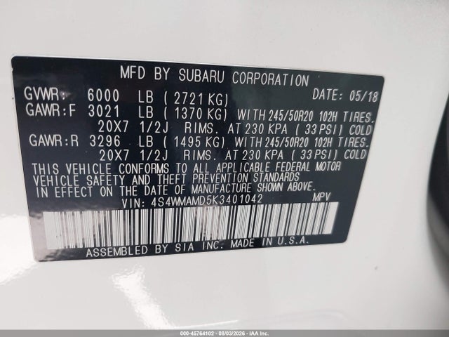45764102 :رقم المزاد ، 4S4WMAMD5K3401042 vin ، 2019 Subaru Ascent Limited مزاد بيع