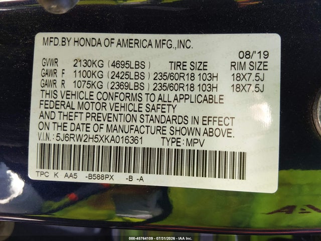 Honda CR-V EX 2019 5J6RW2H5XKA016361 Image 9