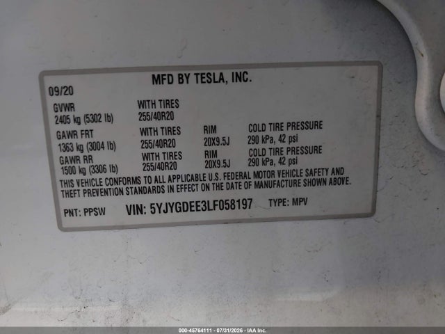 45764111 :رقم المزاد ، 5YJYGDEE3LF058197 vin ، 2020 Tesla Model Y Long Range Dual Motor All-wheel Drive مزاد بيع