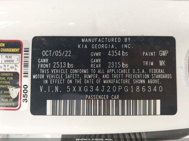 Aukcja sprzedaży 2023 Kia K5 Ex, vin: 5XXG34J20PG186340, numer aukcji: 45764115