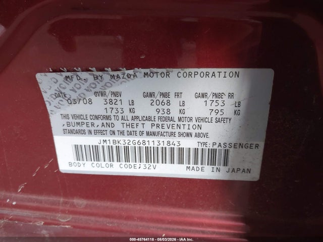 Aukcja sprzedaży 2008 Mazda Mazda3 I Sport, vin: JM1BK32G681131843, numer aukcji: 45764118