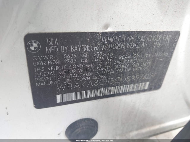 45764121 :رقم المزاد ، WBAKA8C55CDS99748 vin ، 2012 Bmw 750i مزاد بيع