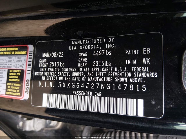 Продаж на аукціоні авто 2022 Kia K5 Gt-line, vin: 5XXG64J27NG147815, номер лоту: 45764122