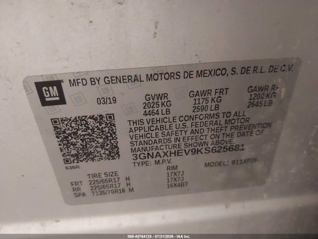 45764125 :رقم المزاد ، 3GNAXHEV9KS625681 vin ، 2019 Chevrolet Equinox Ls مزاد بيع