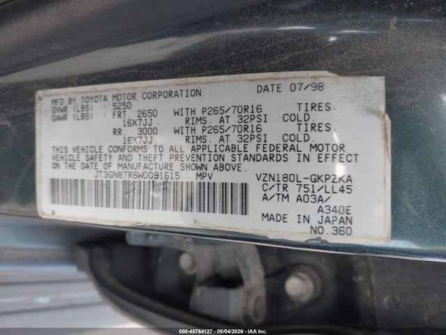 1998 Toyota 4runner Sr5 V6 Limited მანქანა იყიდება აუქციონზე, vin: JT3GN87R6W0091615, აუქციონის ნომერი: 45764127