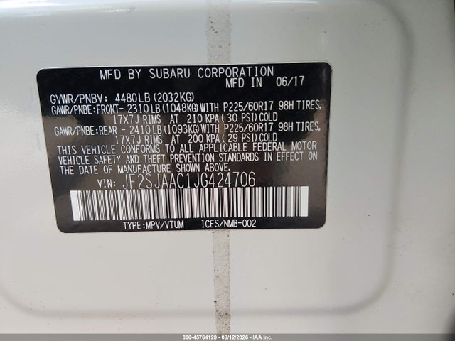 45764128 :رقم المزاد ، JF2SJAAC1JG424706 vin ، 2018 Subaru Forester 2.5i مزاد بيع