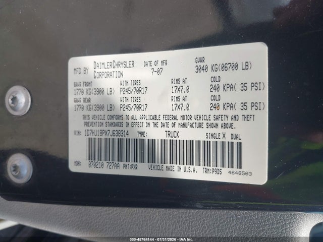 Aukcja sprzedaży 2007 Dodge Ram 1500 St, vin: 1D7HU18PX7J638314, numer aukcji: 45764144