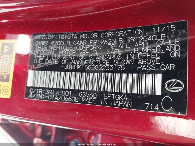 Aukcja sprzedaży 2016 Lexus Es 350, vin: JTHBK1GG2G2233175, numer aukcji: 45764151
