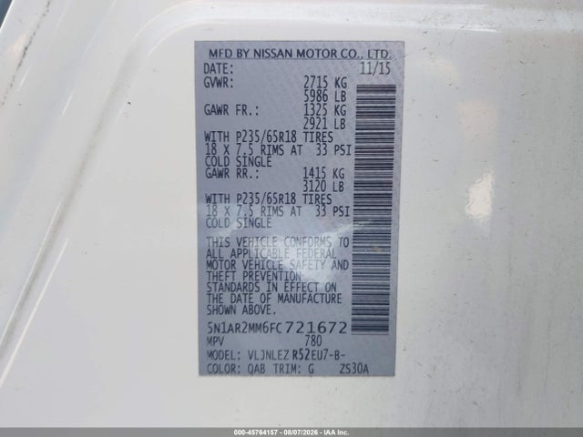 2015 Nissan Pathfinder Sv მანქანა იყიდება აუქციონზე, vin: 5N1AR2MM6FC721672, აუქციონის ნომერი: 45764157