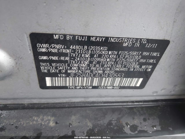 Aukcja sprzedaży 2012 Subaru Forester 2.5x Premium, vin: JF2SHADC4CH430553, numer aukcji: 45764165