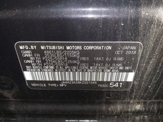 45764173 :رقم المزاد ، JA4AZ3A38KZ021045 vin ، 2019 Mitsubishi Outlander Es مزاد بيع