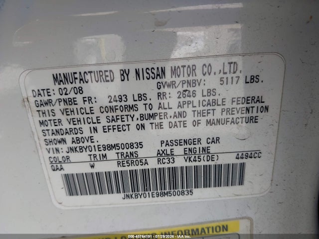 45764191 :رقم المزاد ، JNKBY01E98M500835 vin ، 2008 Infiniti M45 مزاد بيع
