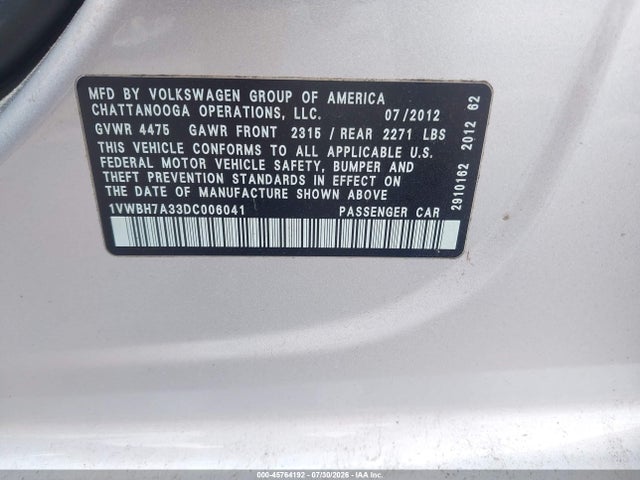 45764192 :رقم المزاد ، 1VWBH7A33DC006041 vin ، 2013 Volkswagen Passat 2.5l Se مزاد بيع