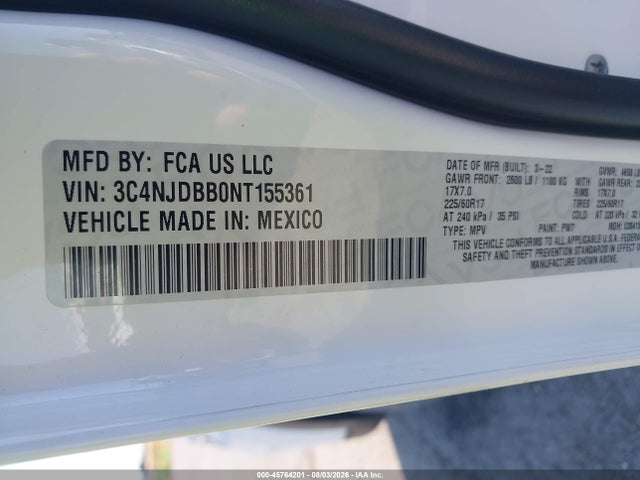 Продаж на аукціоні авто 2022 Jeep Compass Latitude 4x4, vin: 3C4NJDBB0NT155361, номер лоту: 45764201
