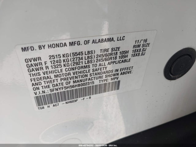 Honda Pilot Ex-l 2017 5FNYF5H56HB002315 Image 9