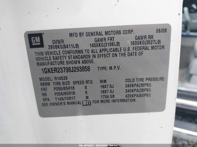 Aukcja sprzedaży 2008 Gmc Acadia Slt-1, vin: 1GKER23798J293858, numer aukcji: 45764207