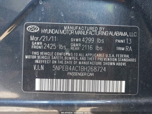 Aukcja sprzedaży 2011 Hyundai Sonata Gls, vin: 5NPEB4AC1BH268724, numer aukcji: 45764238