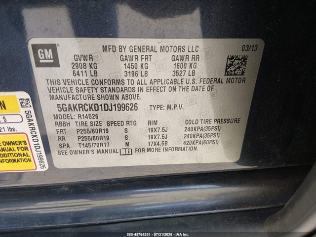 Продаж на аукціоні авто 2013 Buick Enclave Leather, vin: 5GAKRCKD1DJ199626, номер лоту: 45764251