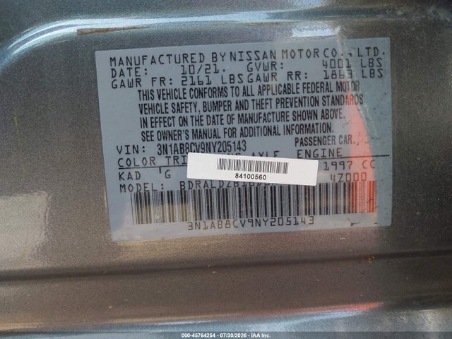 Продаж на аукціоні авто 2022 Nissan Sentra Sv Xtronic Cvt, vin: 3N1AB8CV9NY205143, номер лоту: 45764254