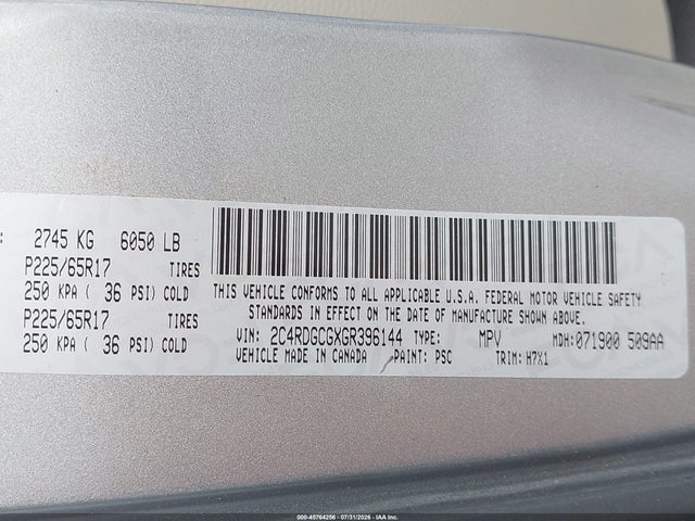 45764256 :رقم المزاد ، 2C4RDGCGXGR396144 vin ، 2016 Dodge Grand Caravan Sxt مزاد بيع