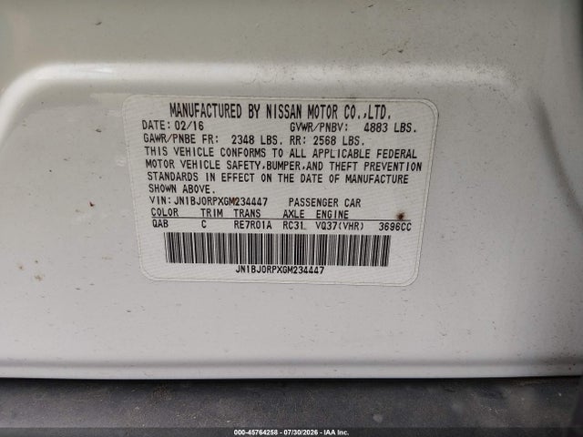 45764258 :رقم المزاد ، JN1BJ0RPXGM234447 vin ، 2016 Infiniti Qx50 مزاد بيع