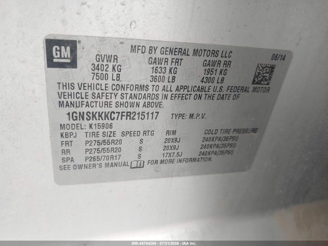 45764260 :رقم المزاد ، 1GNSKKKC7FR215117 vin ، 2015 Chevrolet Suburban Ltz مزاد بيع
